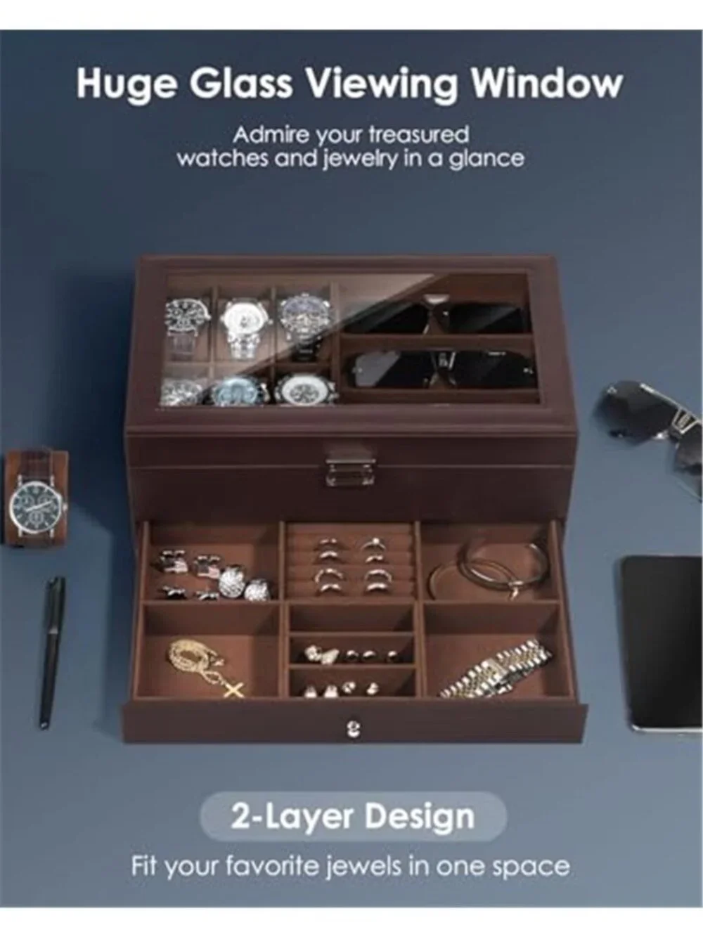Watch Jewelry Box Organizer 6-Slot 2-Layer Watch Case and Sunglasses Storage